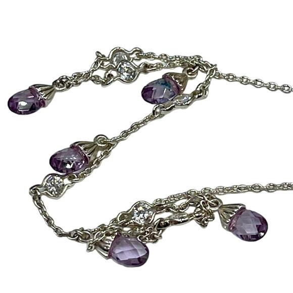 Signed L J Sterling Silver Amethyst Briolette Drop Necklace February Birthstone - Picture 5 of 13